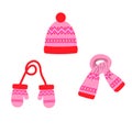 Set of hat, scarf, pink mittens with a pattern, winter. vector isolated on a white background Royalty Free Stock Photo