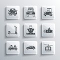 Set Hatchback car, Cable, Submarine, Cargo ship, Delivery truck, Scooter, and Tractor icon. Vector