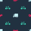 Set Hatchback car, Delivery cargo truck and Bicycle on seamless pattern. Vector