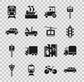 Set Hatchback car, Delivery cargo truck, Traffic light, Tractor, Tow, Train and railway and Cable icon. Vector