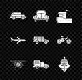 Set Hatchback Car, Car Volkswagen Beetle, Fishing Boat, Old Retro Vintage Plane, Delivery Cargo Truck Vehicle, Cargo