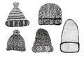 A set of hats from different textures. Isolated on white background. Doodle. Black outline.