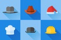Set of hats flat icons with long shadow