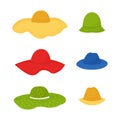 Set of 6 hats. Unisex headwear. Beach panama, straw hat. trendy wardrobe item Royalty Free Stock Photo