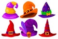 Set of hats of wizards, magicians, witches of different colors and shapes. Isolated object. Vector illustration. Royalty Free Stock Photo