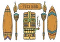 Set of hawaii tiki mask and surfing. Ethnic totem Royalty Free Stock Photo