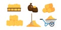 Set Of Hay Storage In Cartoon Style. Vector Illustration Of Straw In Wheelbarrow, Bear, In Bulk With Pitchforks, Bales