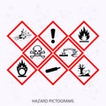 Set of hazards pictograms on vector grunge background. Globally Harmonized System - Original pictogram. Explosive material, Flamm