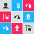 Set Head of deaf and dumb, IV bag and Hearing aid icon. Vector