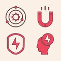 Set Head and electric symbol, Solar system, Magnet and Secure shield with lightning icon. Vector Royalty Free Stock Photo