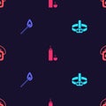 Set Head flashlight, Burning match with fire, Thermos container and Canteen water bottle on seamless pattern. Vector Royalty Free Stock Photo