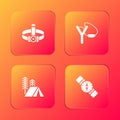 Set Head flashlight, Slingshot, Tourist tent and Compass icon. Vector