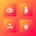 Set Head flashlight, Thermos container, Rafting boat and Canteen water bottle icon. Vector Royalty Free Stock Photo