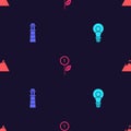 Set Head with lamp bulb, Lighthouse, Dollar plant and Mountains flag on seamless pattern. Vector Royalty Free Stock Photo