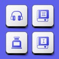 Set Headphones, Book, Inkwell and icon. White square button. Vector