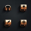 Set Headphones, Book, about weapon and physics icon with long shadow. Vector