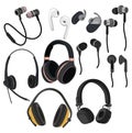Set of headphones. Collection of various devices for listening to music. Colored vector illustration for the store.