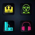 Set Headphones, Create account screen, Game console with joystick and Racing simulator cockpit. Black square button Royalty Free Stock Photo