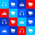 Set Headphones, FTP folder download, Police car and flasher and settings icon. Vector