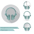 Set of headphones icons in flat style with different shadow. Oval shadow, long shadow