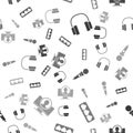 Set Headphones, Like and heart, Joystick for arcade machine and Create account screen on seamless pattern. Vector