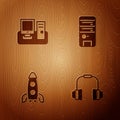 Set Headphones, Monitor with keyboard, Rocket ship and Computer on wooden background. Vector