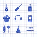 Set Headphones, Party hat, Grilled shish kebab, Beer can, Lollipop, Muffin, Whiskey bottle and Guitar icon. Vector Royalty Free Stock Photo