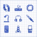 Set Headphones, Rocket ship, Tetris, Audio jack, Computer, Table lamp, Processor with CPU and Socks icon. Vector