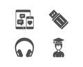 Headphones, Social media and Usb flash icons. Student sign.