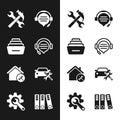 Set Headphones with speech bubble chat, Drawer documents, Crossed hammer and wrench, House service, Car, Office folders