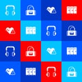 Set Headphones, Sport bag, Heart rate and Locker changing room icon. Vector