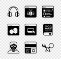 Set Headphones, System bug, Browser files, Hacker or coder, Debugging, Software and icon. Vector Royalty Free Stock Photo