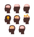 Set of heads brown silhouettes with brains in white background