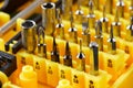 Set of heads for screwdriver. Tools collection. close up, Bits in yellow holder Royalty Free Stock Photo