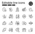 Set of Healthcare outline icons. Contains icons as Rubber gloves, Corn and Organic tested elements. For website. Vector