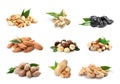 Set of healthy dried fruit and tasty nuts on white