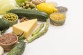 Set of healthy food: cheese leafy vegetables, beans nuts, quinoa bulgur, chickpeas, flax almond. Alkaline foods. Sources of omega Royalty Free Stock Photo