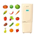 Set of healthy food in fridge. Cartoon vector illustration