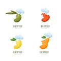 Set of healthy food logo, emblem, label design. Olive, apple, lemon, pear in chef hat, isolated on white.