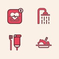 Set Healthy food, Mobile with heart rate, Shower head and Toothbrush and toothpaste icon. Vector Royalty Free Stock Photo