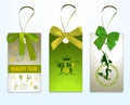 Set of healthy food tags with green silk ribbons Royalty Free Stock Photo