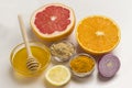 Set of healthy food to boost immune system. Citrus, ginger, honey, garlic, onions