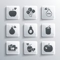 Set Healthy fruit, Pumpkin, Bell pepper, Avocado, Cutting board with vegetables, Pear, Apple and icon. Vector