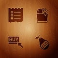 Set Healthy organic pear, Shopping list, Buy button and bag and food on wooden background. Vector Royalty Free Stock Photo