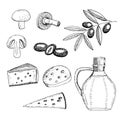 Set of healthy snacks, vector illustration, mushrooms, olives and cheese, hand drawing Royalty Free Stock Photo