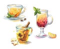 Set of healthy teas served in transparent mugs, hand painted watercolor illustration