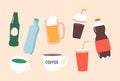 Set of Healthy and Unhealthy Drinks, Isolated Beer, Cola and Fresh Water Bottles, Cup with Green or Black Tea, Coffee