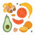 Set of healthy, vegetarian food for breakfast. Different variations for meal. Popular products. Avocado, slice of tomato, banana,