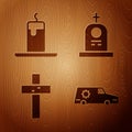 Set Hearse car, Burning candle, Christian cross and Grave with tombstone on wooden background. Vector