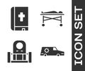 Set Hearse car, Holy bible book, Grave with tombstone and Dead body in the morgue icon. Vector